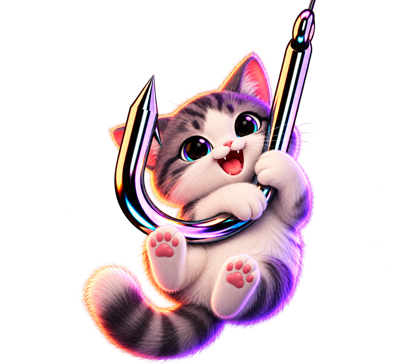 Hooked Cat mascot hanging from a chrome hook